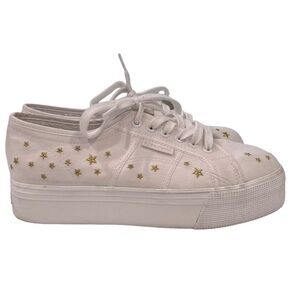 Superga 2790 Embcottonw White Gold Stars Platform Sneakers Size 41 / 10-10.5 US